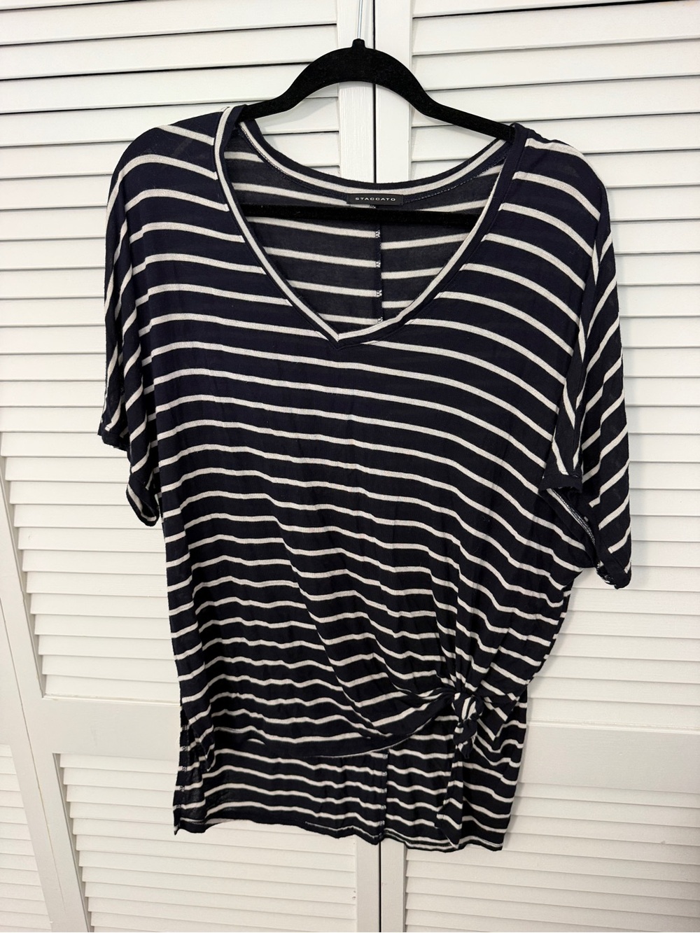 Staccato Navy & White Striped V-Neck Side Knot Tee Size L